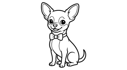 Obraz premium Cute cartoon chihuahua dog wearing a bow tie, sitting, line art illustration on white background