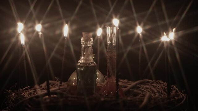 Occult and esoteric witchcraft doctor background with potion vials. Halloween background with magic objects. Black candles with fire flares on the wicks and potions vials. Mystic witchery ceremony.