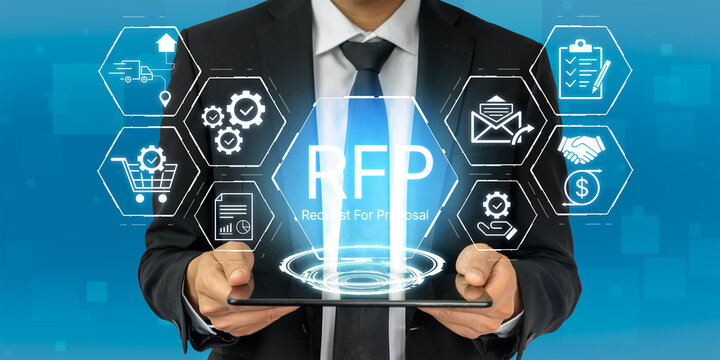Businessman Holding Tablet Displaying RFP Request For Proposal Concept with Digital Icons Representing Project Management and Communication Tools. Bitwise.