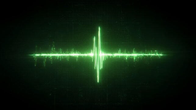 Glowing green digital heartbeat pulse waveform on dark futuristic grid background, medical technology and audio frequency concept