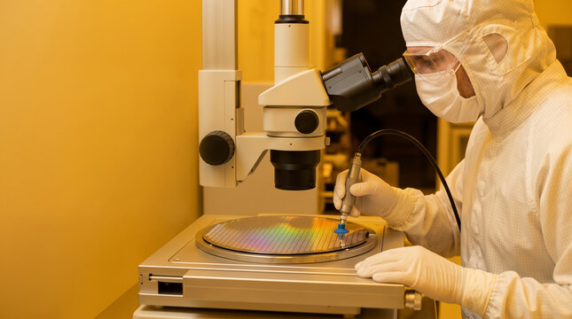 Cleanroom technician in protective hazmat suit using vacuum wand to inspect silicon wafer under industrial optical microscope