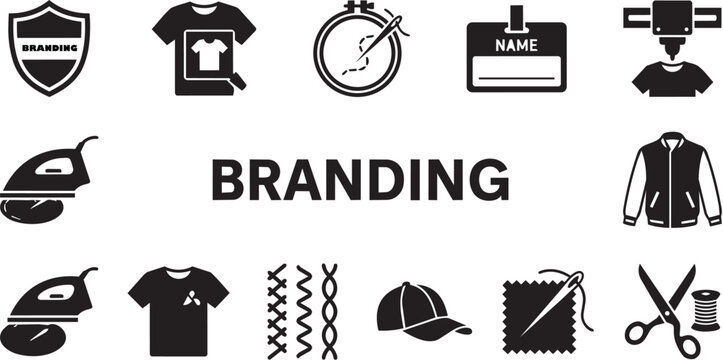 Black branding and clothing customization icons set