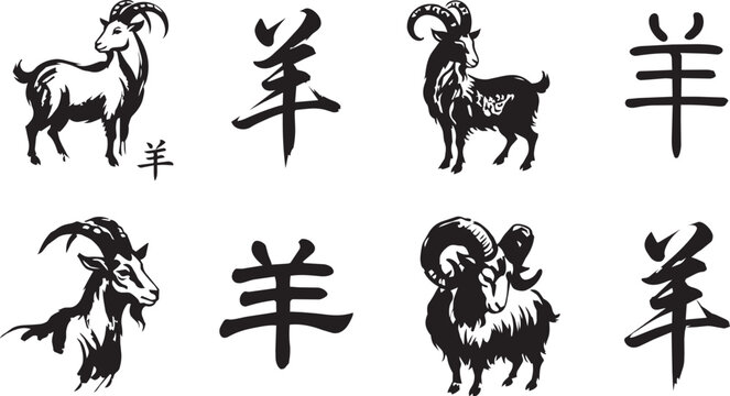Four illustrations of goats and their corresponding chinese character yng meaning sheep or goat, arranged in two rows