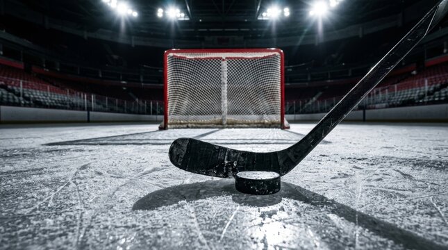Hockey stick and puck on ice in professional arena