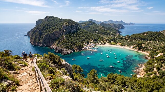 Scenic coastal bay with boats and hikers