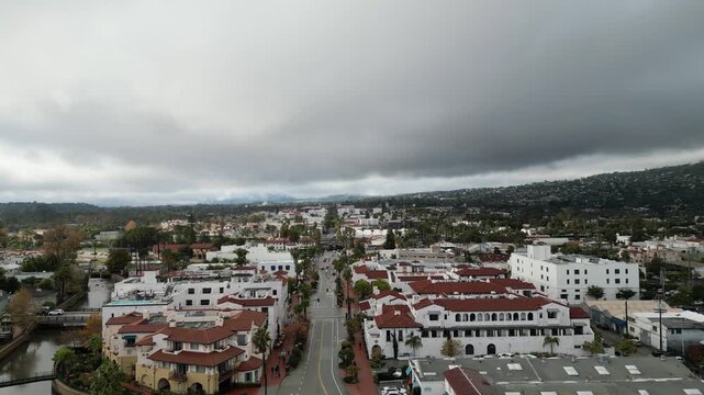 Santa Barbara, California - January 22, 2024: State Street overhead aerial drone shot from Cabrillo Blvd. towards the 101 freeway in Santa Barbara, California. Shot on a cloudy afternoon, January 2024