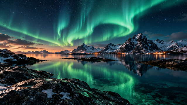 Aurore bor&eacute;ale verte au-dessus d&rsquo;un fjord et de montagnes enneig&eacute;es