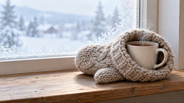 Steaming Hot Drink Wrapped in Sweater by Frosty Window