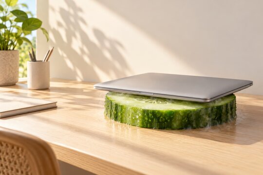 Laptop Cooling on Giant Cucumber Slice in Home Office