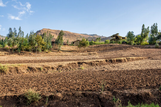 Terraced agricultural fields and rural village in the Ethiopian highlands