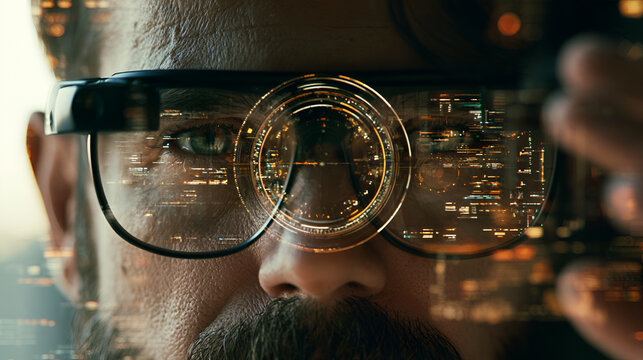 A Smart Glasses Interface Displaying Augmented Work Data, Soft Window Light, Telephoto Compression, Tight Framing, High-Contrast Tones, Photorealistic, Ultra-Detailed