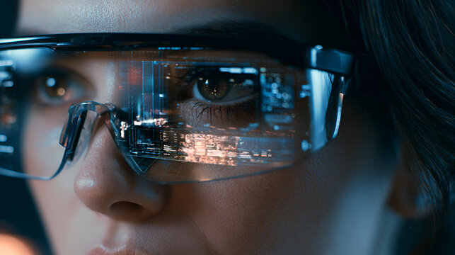 A Smart Glasses Interface Displaying Augmented Work Data, Soft Window Light, Telephoto Compression, Tight Framing, High-Contrast Tones, Photorealistic, Ultra-Detailed