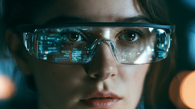 A Smart Glasses Interface Displaying Augmented Work Data, Soft Window Light, Telephoto Compression, Tight Framing, High-Contrast Tones, Photorealistic, Ultra-Detailed