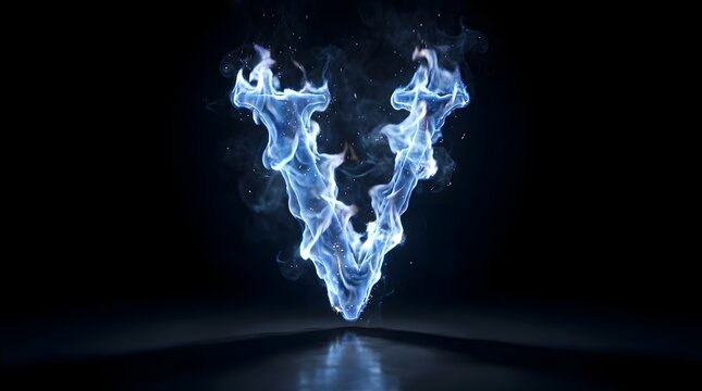 Letter V formed by blue fire and smoke on a dark reflective surface.
