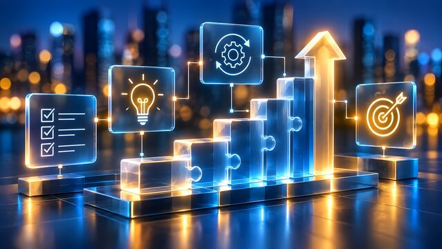 Business growth strategy concept with glowing puzzle pieces forming an ascending bar graph, surrounded by digital icons representing ideas, tasks, process, and goal achievement.