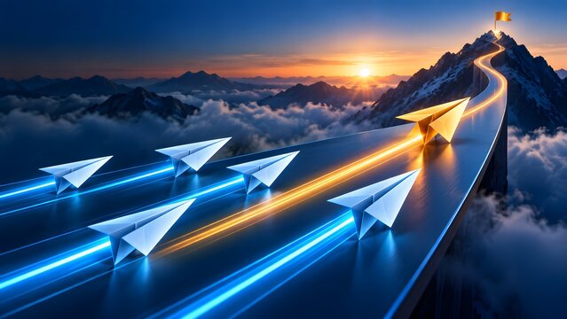 Golden paper airplane leading a team on a path to a mountain summit with a flag, symbolizing business leadership, success, and goal achievement at sunrise.