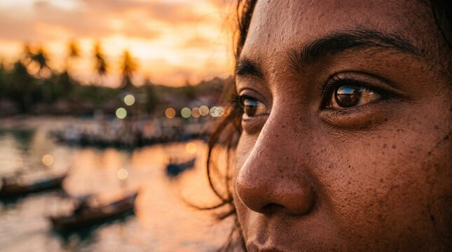 Close up of a woman's face looking out at a harbor during a golden sunset with boats in the background