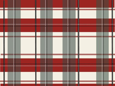 Classic seamless Christmas plaid pattern featuring red, grey, and cream tartan checks with thin dotted lines