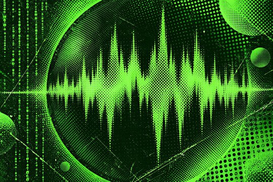 Abstract vector cyberpunk halftone sound wave with a scratched dotted texture, creating a vibrant digital pattern.