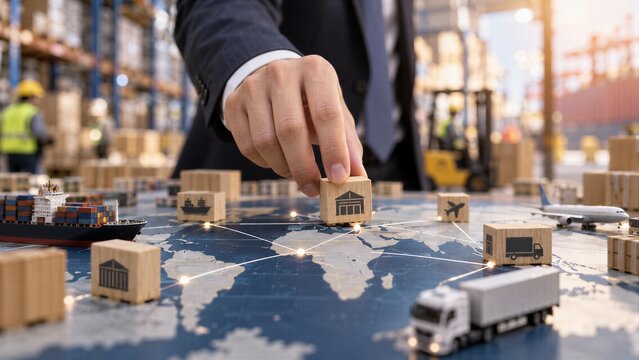 Businessman placing wooden blocks on a world map in a warehouse, symbolizing global logistics, supply chain management, and risk management.