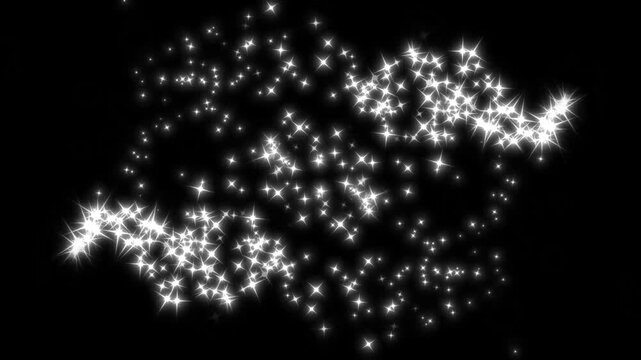 Smooth twinkling star glitter line animation, white glowing fairy sparkle line burst, shimmering star line path on black background, twinkling white glowing star with glitter animation. 4K video