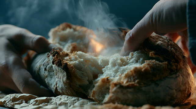 Fresh Bread Being Torn Apart, Steam Rising From The Inside, Moody Cinematic Low-Key Lighting, Telephoto Compression, Tight Framing, Cool Muted Blue-Gray Palette, Photorealistic