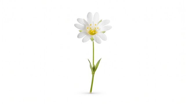 Minimalist Close-up of a Single White Wildflower with Green Stem Isolated on Pure White Background