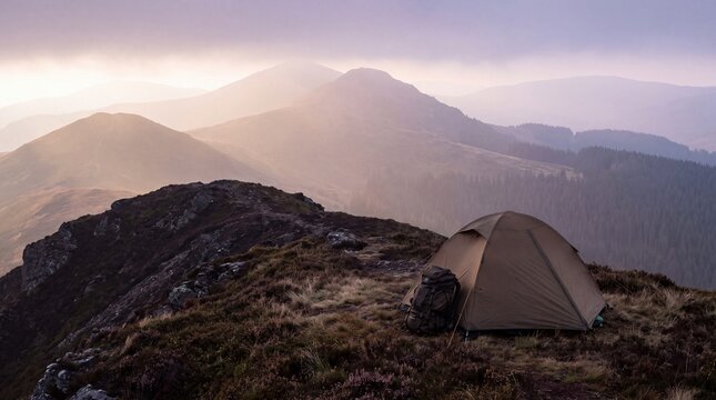 outdoor adventure gear, a compact tent and backpack rest on a ridge, surrounded by misty peaks