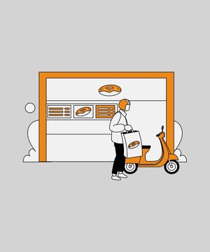 Food delivery courier with scooter in front of a donut shop