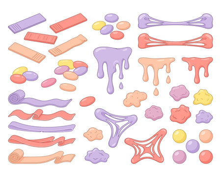 Collection of colorful chewing gum and bubblegum in various forms, including sticks, balls, stretched, dripped, and chewed pieces.
