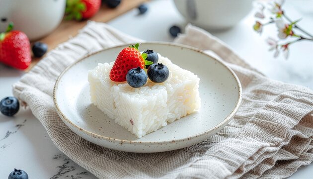 Square rice pudding with fresh strawberry and blueberries on a ceramic plate