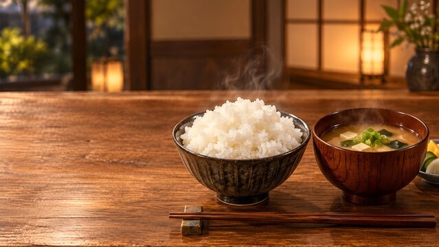 古民家風の木製カウンターに並ぶ炊きたてご飯と温かい味噌汁