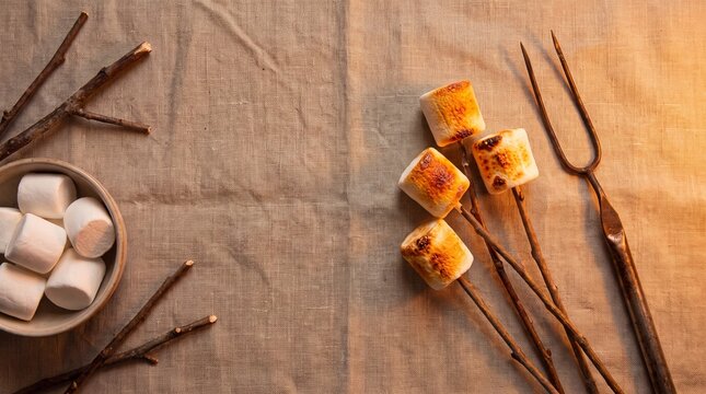 campfire cooking essentials, a cozy flat lay featuring toasted marshmallows on a roasting stick with soft firelight