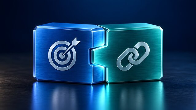3D rendering of interlocking metal puzzle blocks showing a target and chain link representing strategic business synergy and goal connection