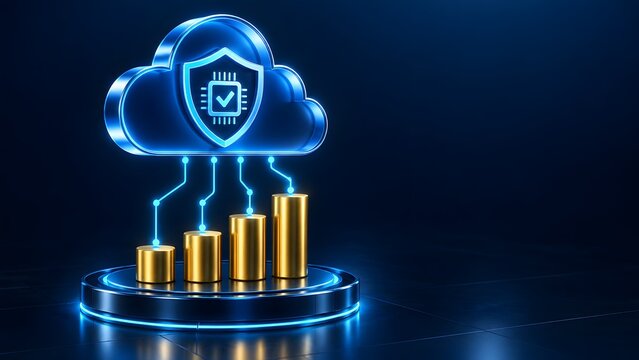 3D illustration of a glowing cloud computing icon with a security shield and microchip powering golden financial growth bars on a digital platform