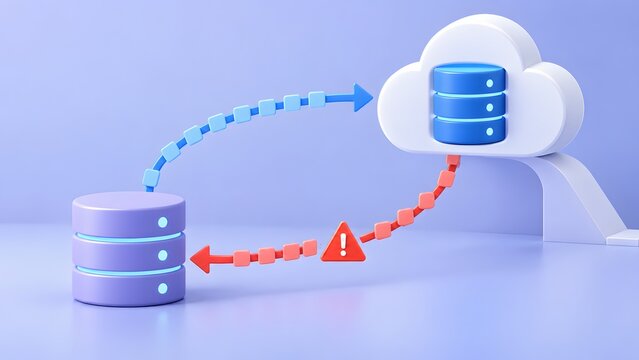 3D illustration of cloud computing network showing data transfer interruption and download failure with red warning alert symbol