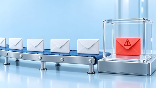 3D render of email filtering system with conveyor belt sorting safe white envelopes and quarantining malicious red warning message inside glass box