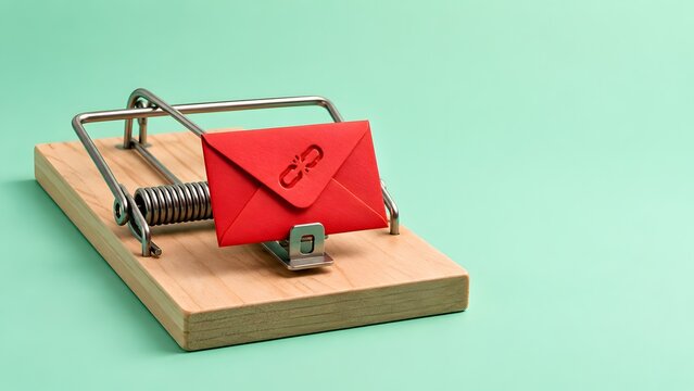 3D illustration of wooden mousetrap baited with red malicious email envelope featuring broken link symbolizing phishing scam and clickbait danger