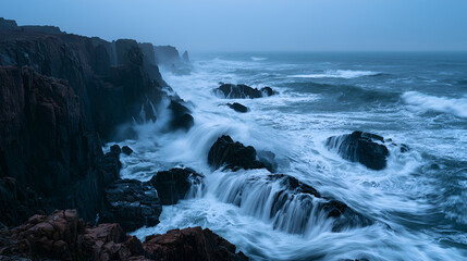 Fototapeta premium Coastal Cliffs Battered By Ocean Waves During A Dramatic Storm, Blue Hour Twilight Glow, Wide-Angle 24mm Lens, Expansive View, Cool Muted Blue-Gray Palette, Photorealistic, Ultra-Detailed