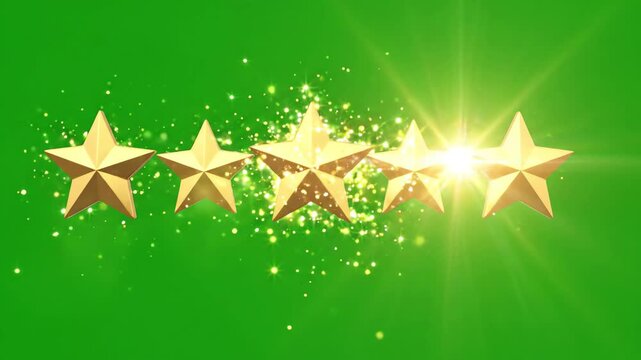 Five golden stars rating animation popping up with glowing effect isolated on chroma key green screen background