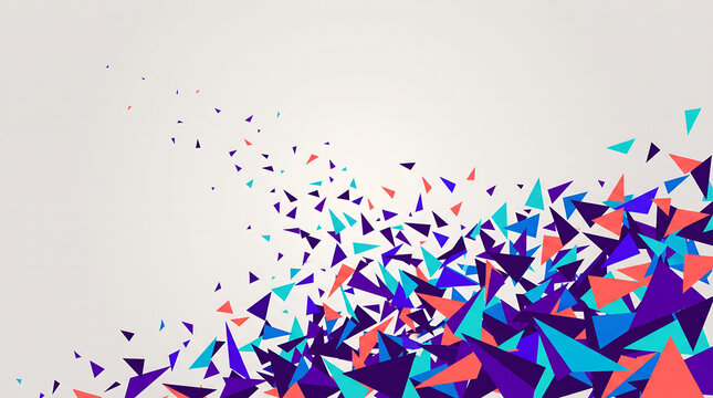Abstract geometric background with colorful dispersing triangles in purple blue and red tones on light grey backdrop