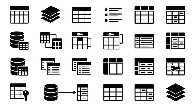 Database and table icons set for data management and organization