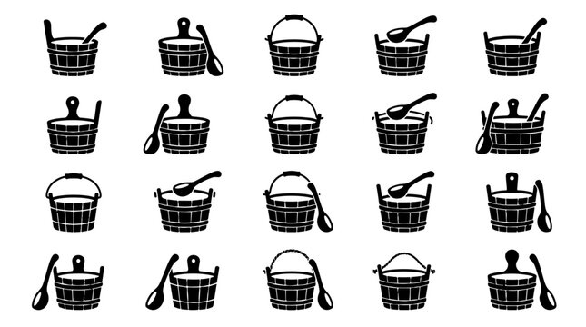 Collection of Sauna Buckets and Ladles Black and White Icons