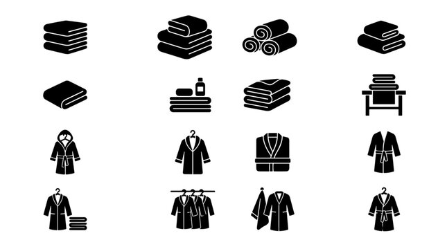 Collection of black and white icons representing towels and bathrobes for spa and bathroom use