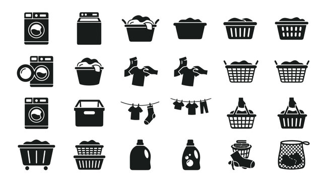 Laundry Icons Set Washing Machine Basket Clothes Detergent and Drying Line