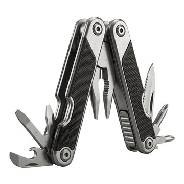 Silver and black multi tool with pliers and blades extended