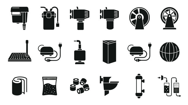 Aquarium Equipment Icons Set Black White Vector Illustration