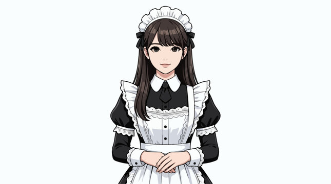 Anime style illustration of a young maid standing with a polite smile.