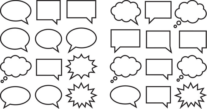A collection of various comic book speech and thought bubbles in black outline