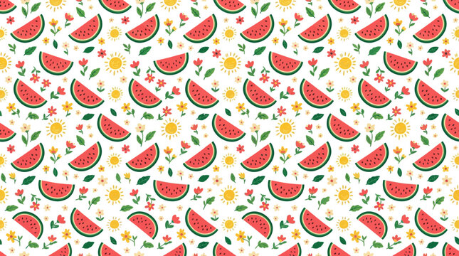 Seamless Summer Pattern: Watermelon Slices, Flowers, and Sun on White